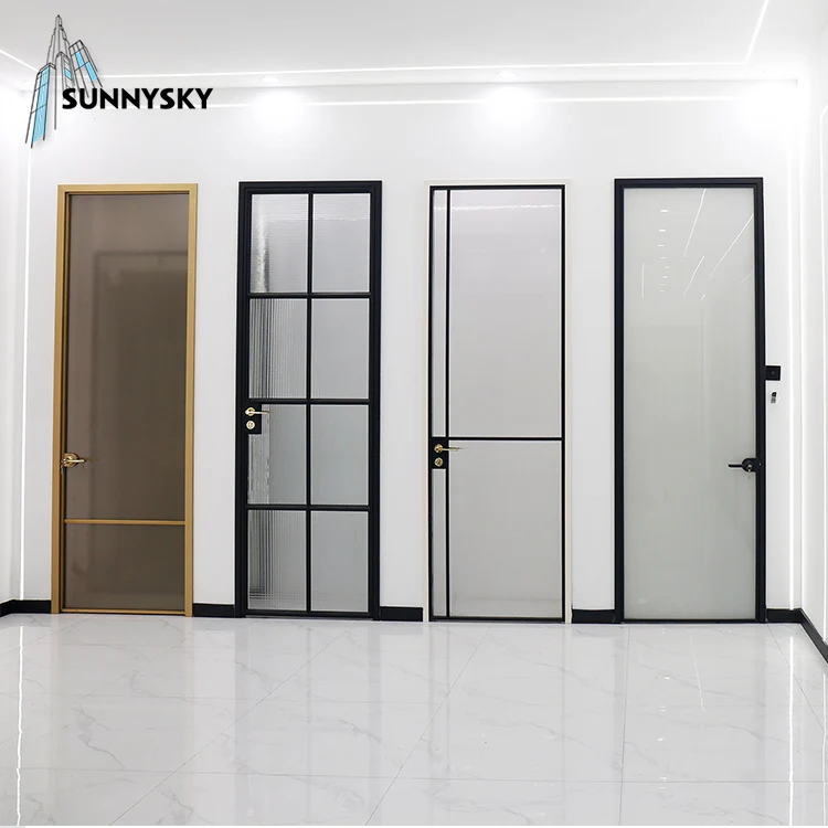 High quality minimalist narrow border switchable aluminum casement frosted glass door