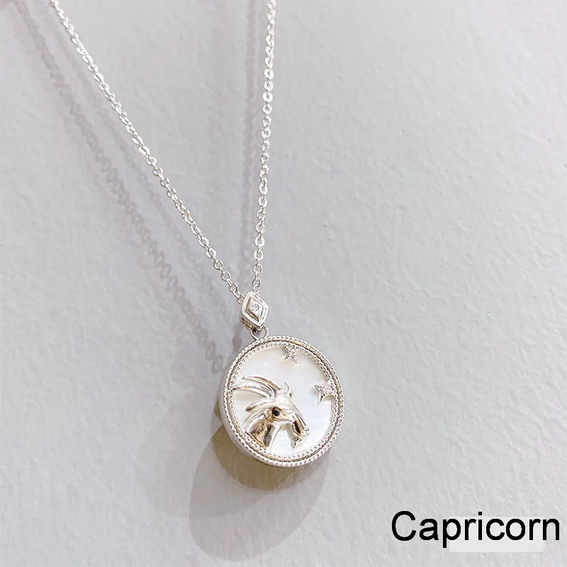 Fashion jewelry necklace 12 zodiac signs white shell pendant collarbone chain jewelry trendy coin zodiac sign hits