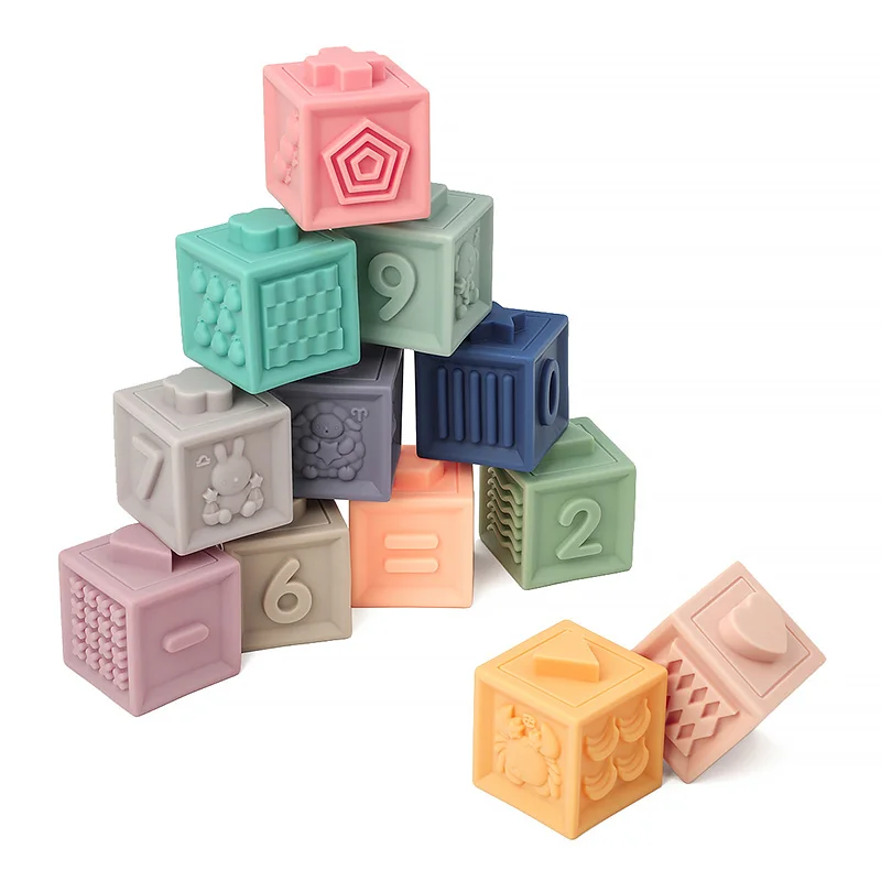 Новые детские раннего образования безопасности 12 шт. укладка игрушки силиконовой резины пазл строительные блоки для детей Прорезыватель для зубов, комплект