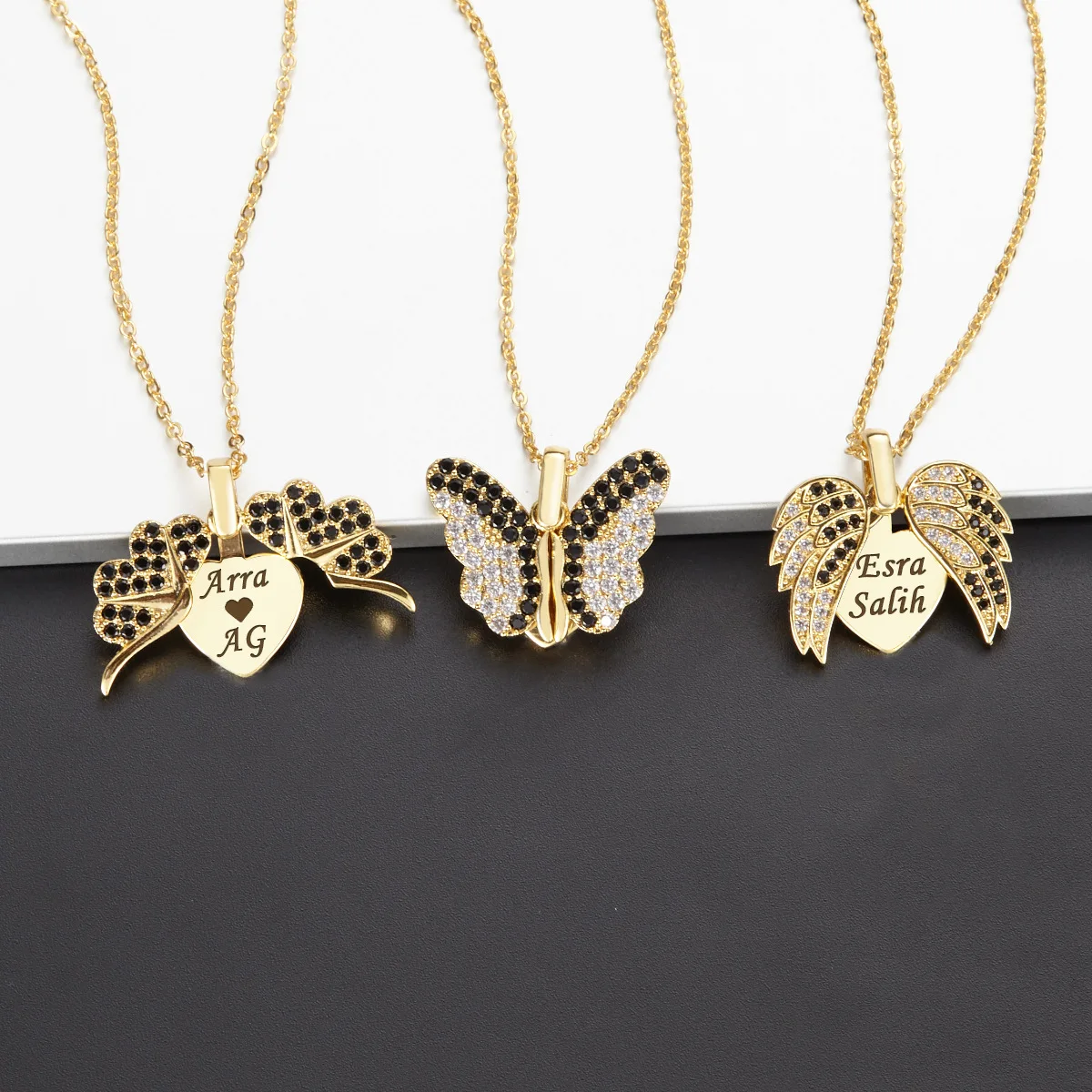Turkish Style Creative Necklace 18K Gold Brass Open Pendant Necklace  Custom Engrave Zircon Butterfly Necklace For Gifts