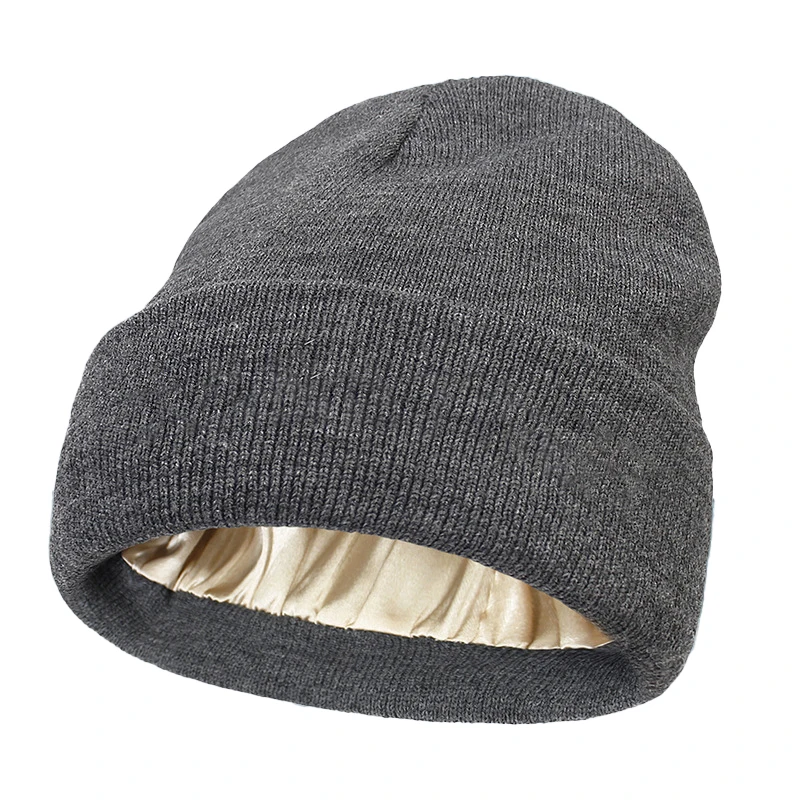 Wholesale New Design Adult Winter Warm Hats Lady Beanies Satin Lined for Women Men Knitted Satin Lined Beanies Hat for Daily Use