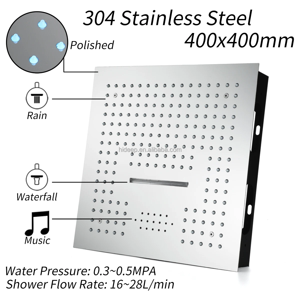 LED Shower Faucet Set Ceiling Embedded 16 Inch Music Speaker Rain and Waterfall Shower Head Hot Cold Touch Main Body