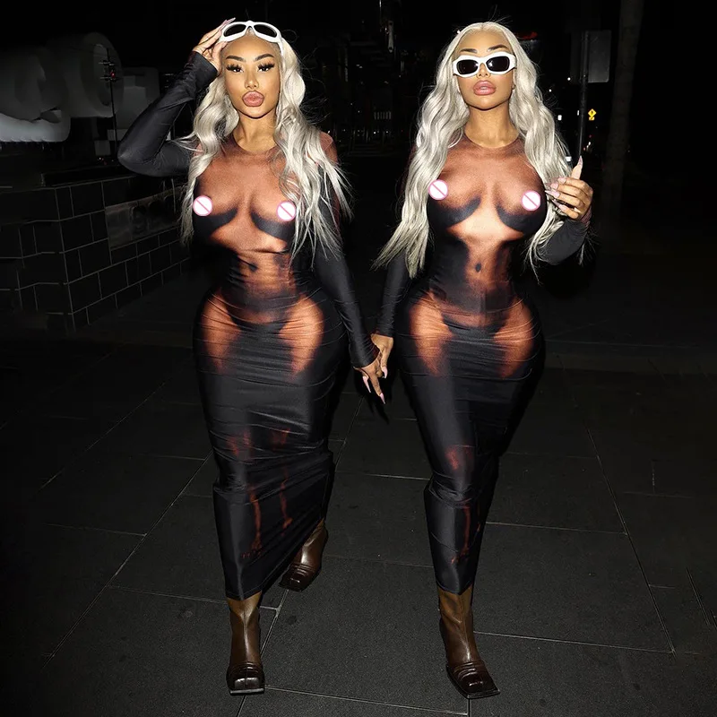 Skinny Sexy 3D Body Print Ladies Jumpsuits Women Bodycon Jumpsuit Round neck long sleeve jumpsuit