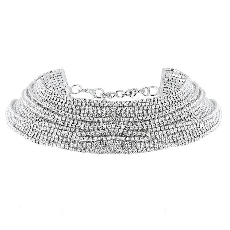 MoyaMiya Jewelry necklaces Luxury Vintage Silver gold Multilayer shiny rhinestone chunky Choker Necklace women