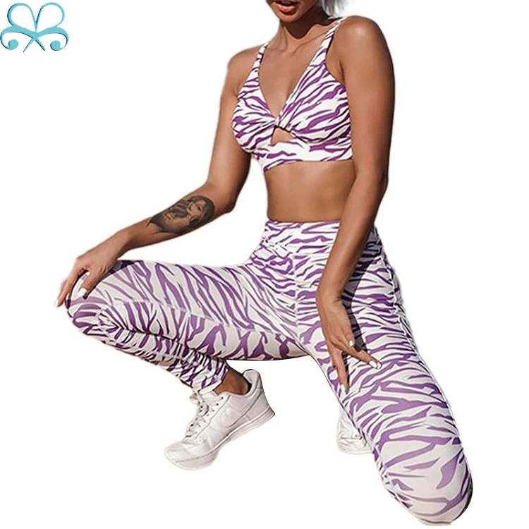 European/American style stripe digital print yoga fitness suit sports tight two-piece set for women