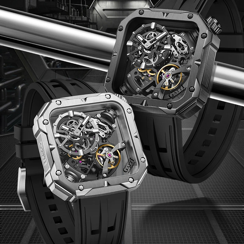 BONEST GATTI Quadrate Fashion Sport Watch 316l Stainless Steel Case Hollow Out Mechanical Watches For Men