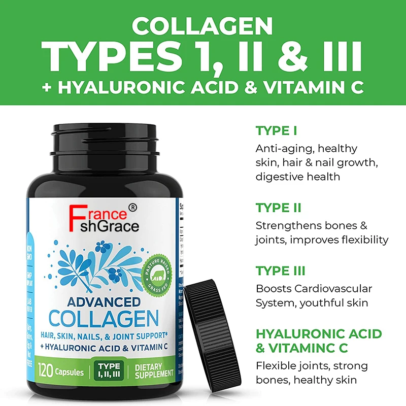 120 Capsules Tighten Skin Boost Hair Skin Nails Joint Health Collagen Peptides Supplement Pills with Hyaluronic Acid