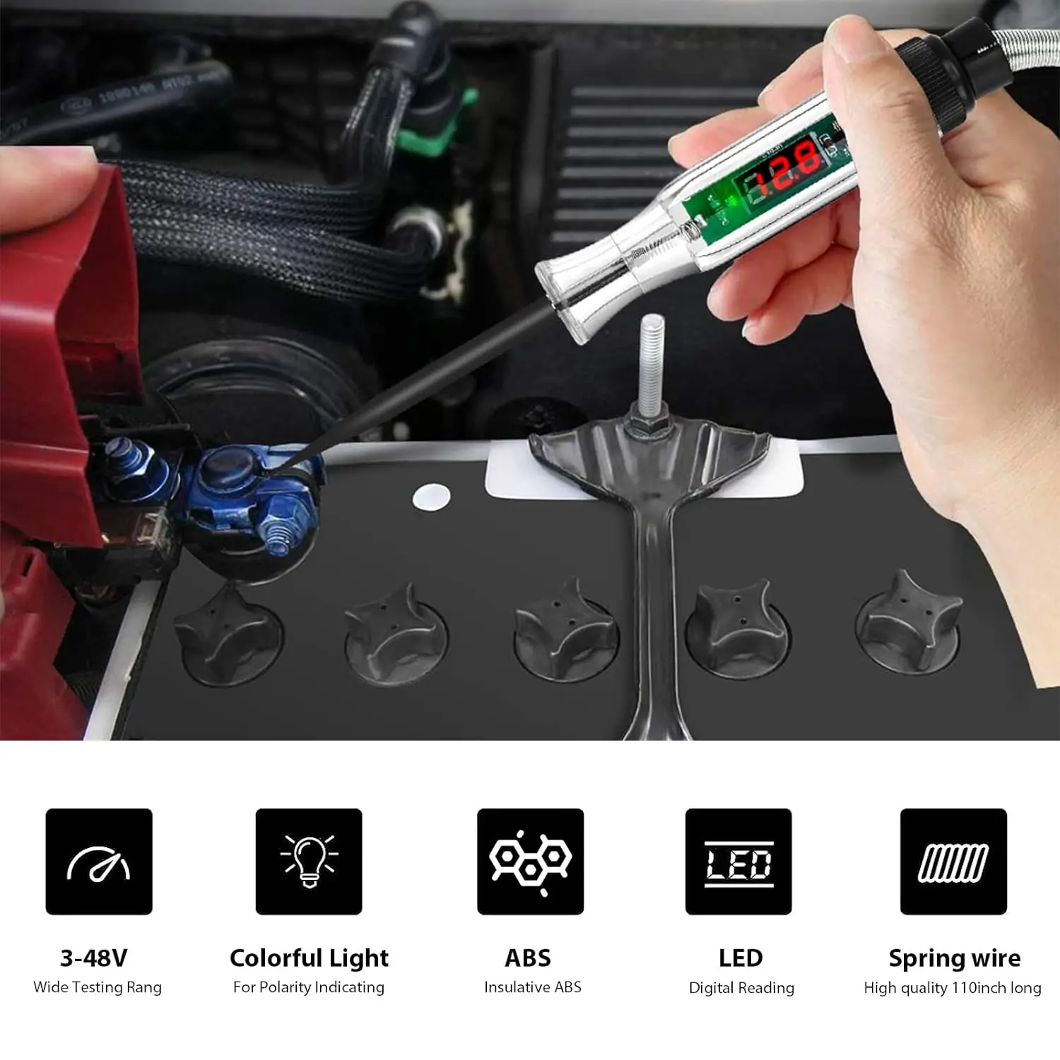 Test Light Automotive 3-48V DC Digital LCD Display Spring Wire Circuit Tester Auto Voltage Continuity Test