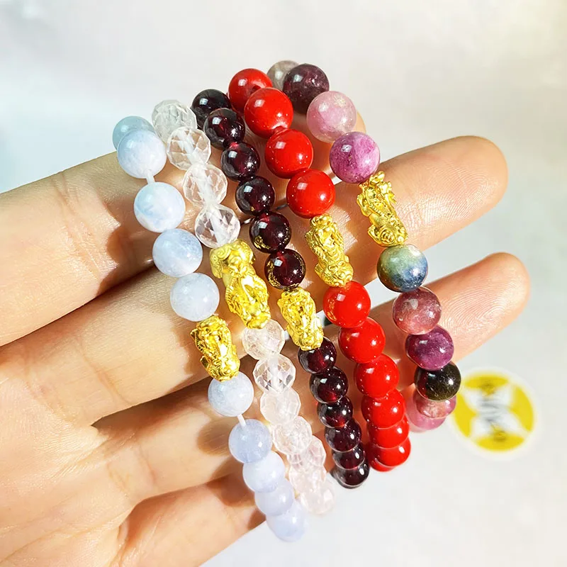 24 karat 999 Pure Gold 3D Hard Gold Pendant Pixiu Charm Bracelet Natural Crystal Bead Bracelet Birthstone Bracelet for 12 Month