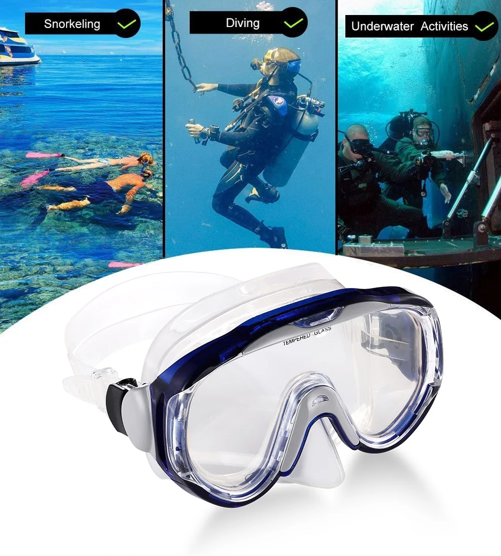Adult Diving Mask With Automatic Clip On Tempered Glass Lens Anti Fog Leak Proof Adjustable Headband Silicone Diving Mask
