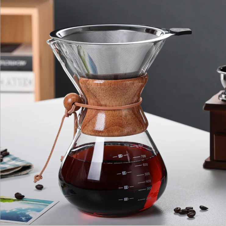 800ml Coffee Dripper Glass Coffee Server Drip Coffee Maker Pot With Wood Handle