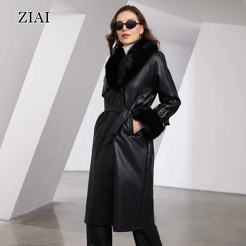 New Stock Double Breast Women Fur Coats Jackets Winter Long Coats Fashionable Trendy Fur Trimmed Leather Women Pu Coats