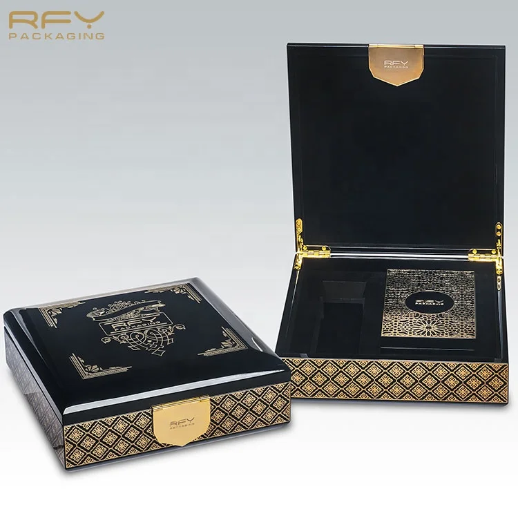 Luxury custom lacquer black blue perfume bottle jewelry organizer wood box for gift pack