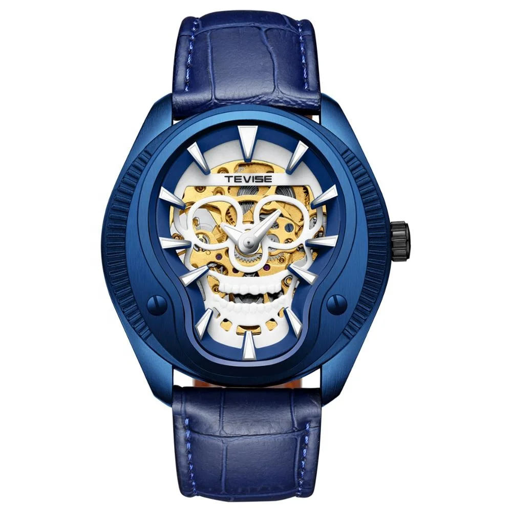 2019 fashion skeleton watch green skull luminous stainless steel leather band young men