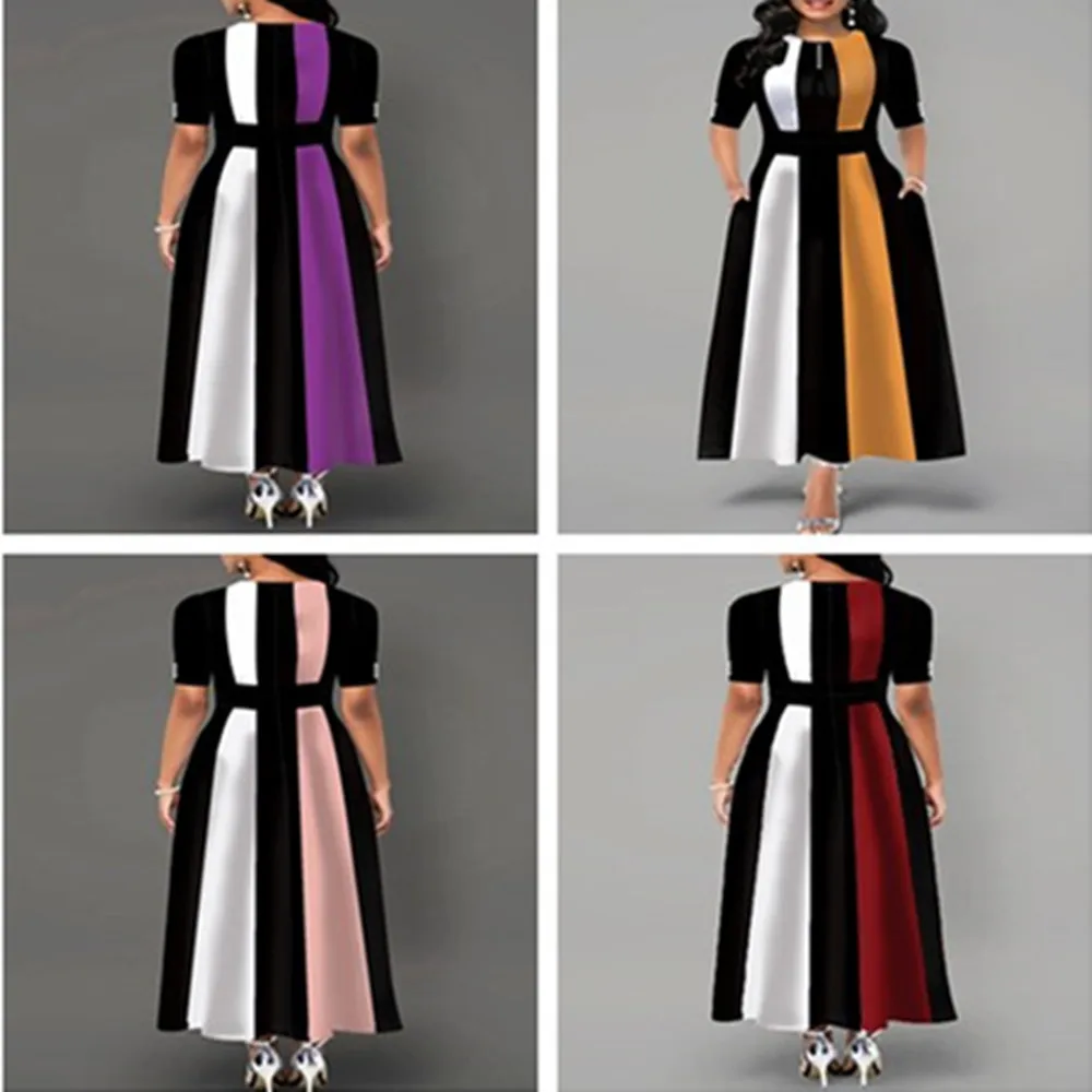 
Wholesale high collar satin long color contrast casual dress women 