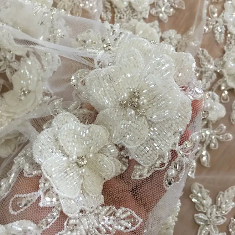 Haute Couture Rhinestone Beaded 3D Flower Lace Fabric Applique Bridal Hair Flower Wedding Headpiece Cape Veil Patch Motif