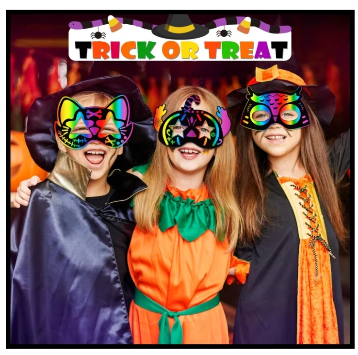 PARTY 32 PCS Halloween Scratch Masks  Magic Scratch Art Crafts DIY Scratch Off Masks for Kids  Activities Party Supplies
