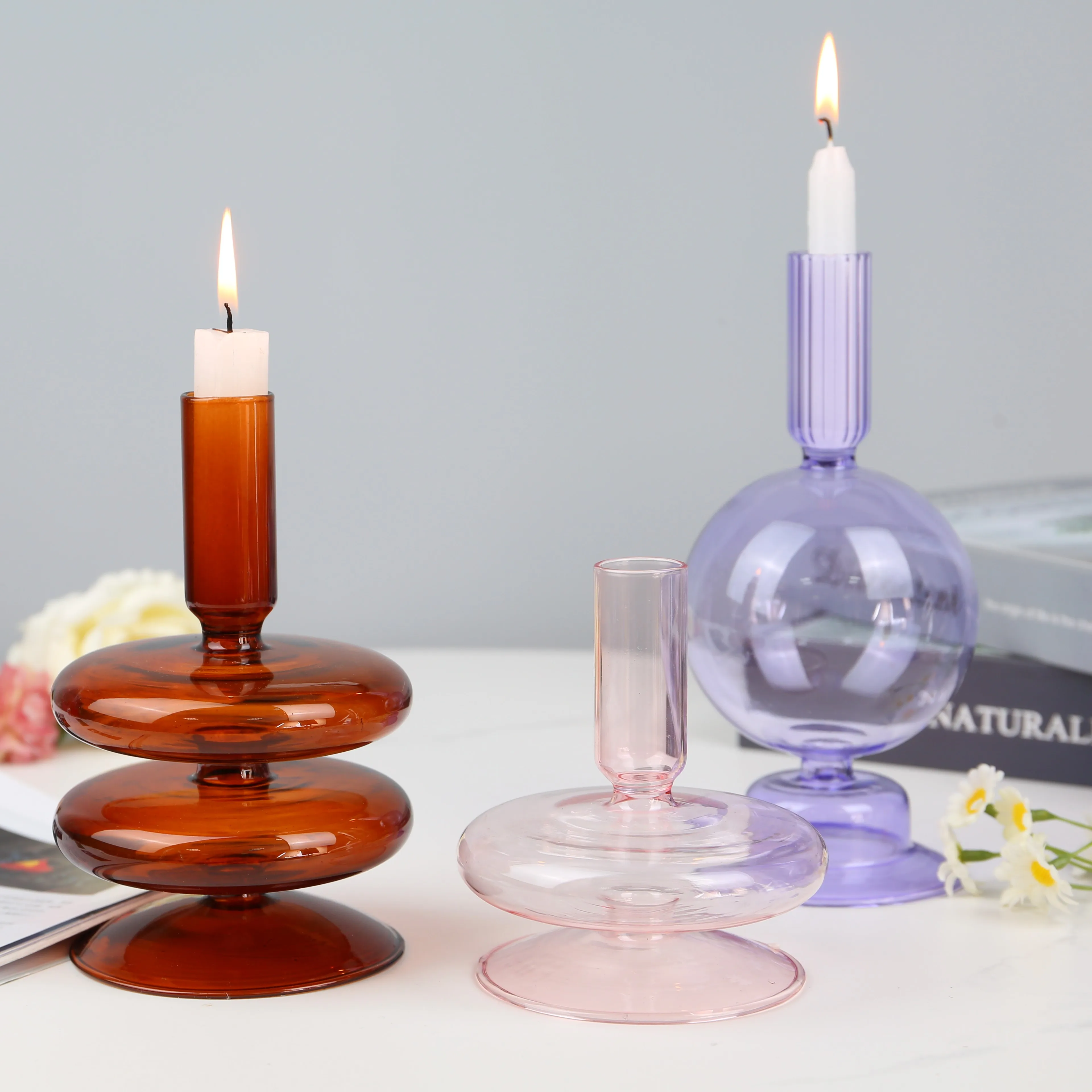Colored Glass candlestick Diameter 9cm transparent candlestick 28cm high transparent candlestick for room