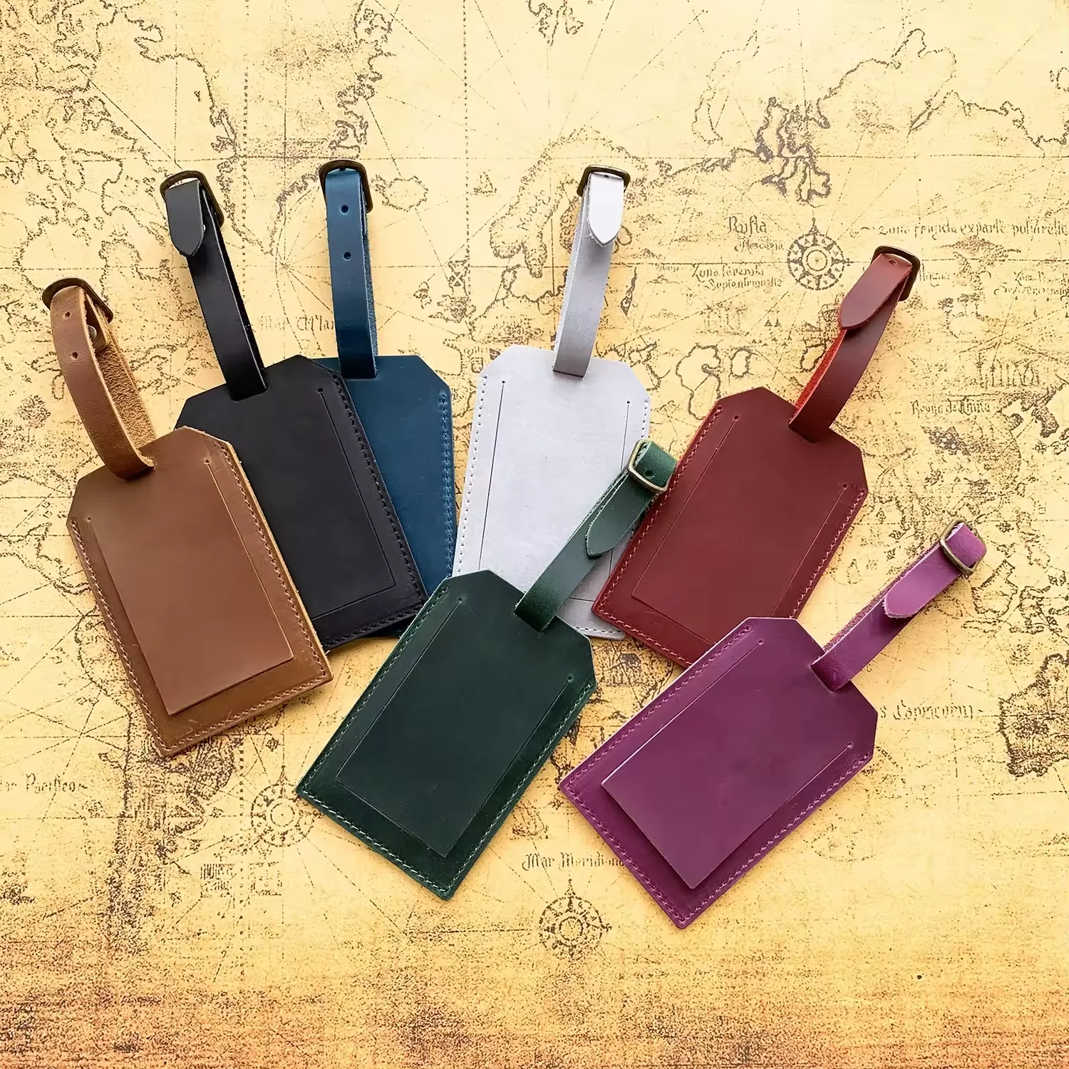 Custom Logo Handmade Vintage Crazy Horse Full Grain Leather Travel Luggage Tag Accessory Case Label Suitcase Identifier