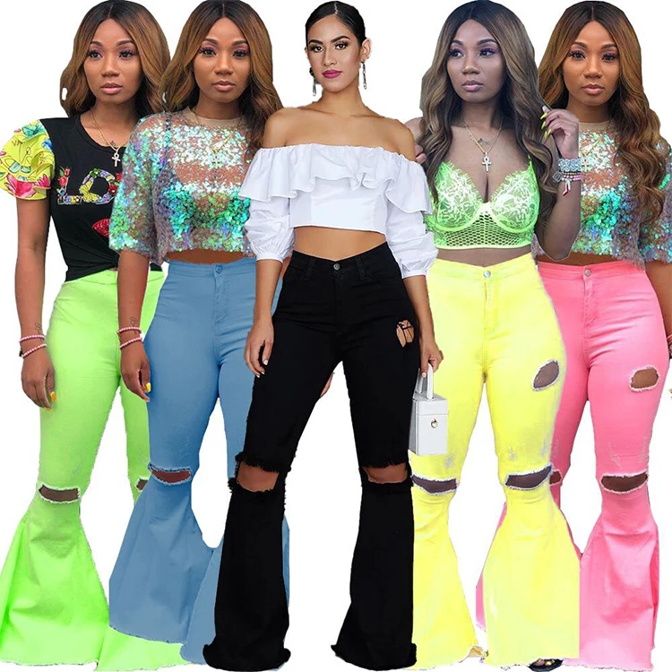 
08AF102 New design solid color washed hole elastic force women Skinny Jeans denim flared pants 