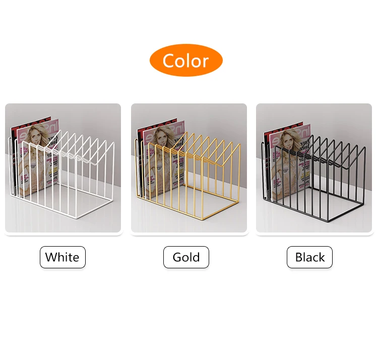 Office desktop countertop metal iron gold black white luxury iron magazine book storage organizer holder rack stand for book