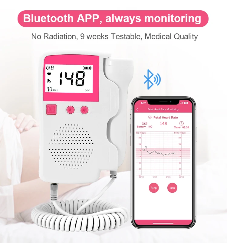 Горячая распродажа Bluetooth детский кардиомонитор с коротким радиусом действия беспроводное подключение 3 МГц в режиме реального времени медицинский фетальный допплер приложением
