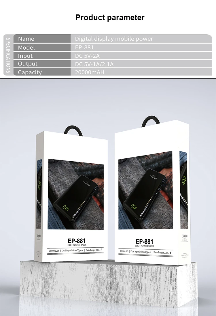 Full Screen Universal Power Bank 20000mAh Powerbank Double USB Output Small Power Bank