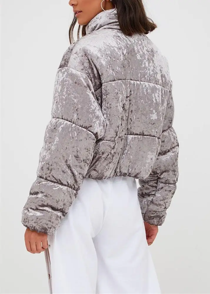 Trendy wholesale bubble grey velvet cropped puffer jacket womens padded plus size jackets winter  woman coats blazers