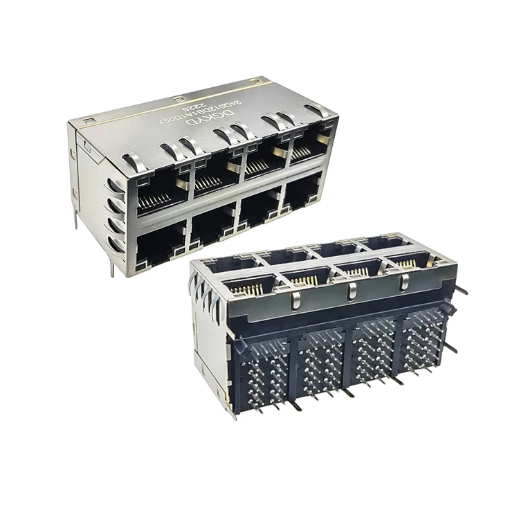 DGKYD24Q012DB1A1D057 Long Dual Layer 2x4 Port Shielded RJ45 Gigabit Filtered Connector with Yellow and Green LEDs