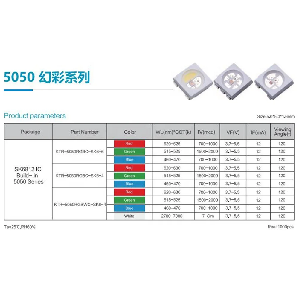 KTRLIGHT Manufacturer china 5050 RGB Led chip 0.26W SMD 5050 led buit in SK6812 IC 5050 RGBW 12mA 3.7-5.5V led lamp beads