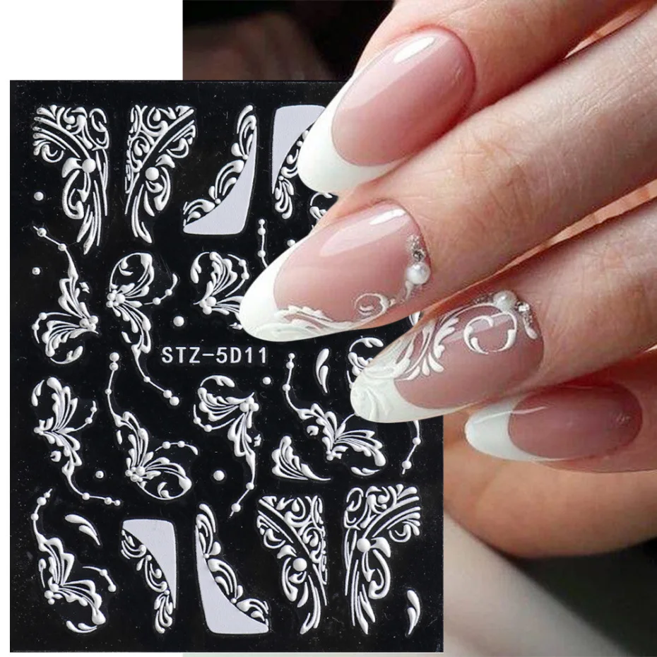 New 5D Acrylic White Wedding Design Nail Stickers Embossed Flower Lace Adhesive Decals French Winter Sliders DIY Manicure Decor