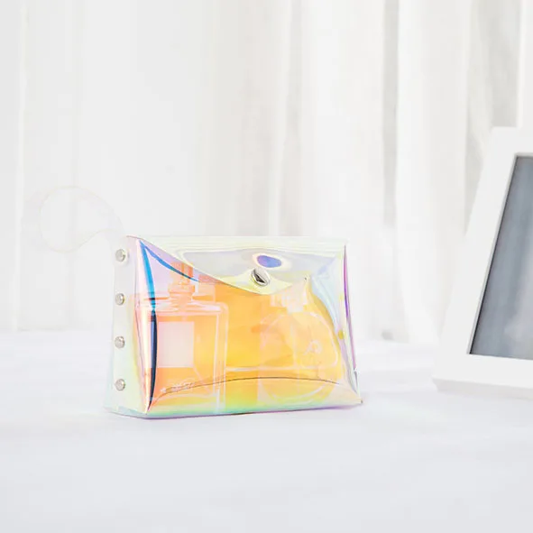 Fashion Wholesale TPU Holographic Pouch Makeup Bag Clear Transparent Holographic Makeup Bag Portable With Rivets Custom