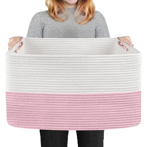 75L Cotton Rope Basket Rectangle Woven wicker Baskets for Storage  Nursery Blanket  Living Room Toy Basket With Handle