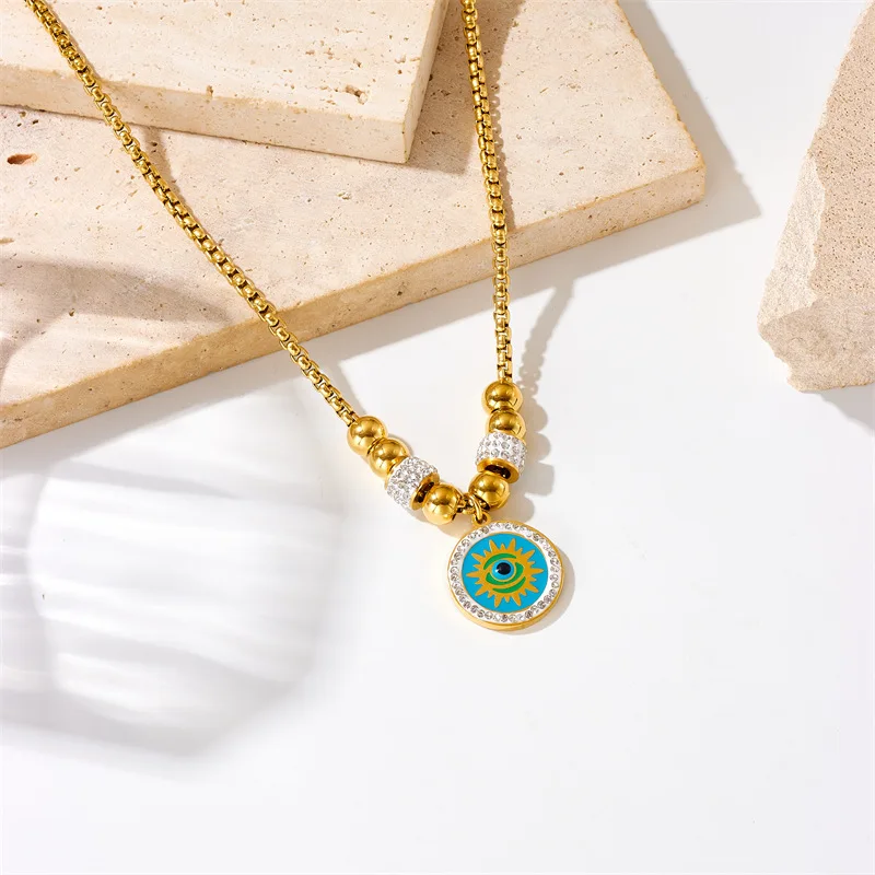 Stainless Steel 18K Gold Plated Round Evil Eyes Necklace for Women Oil Drip Turkish Pendant Necklace Chain Necklace AM1011063