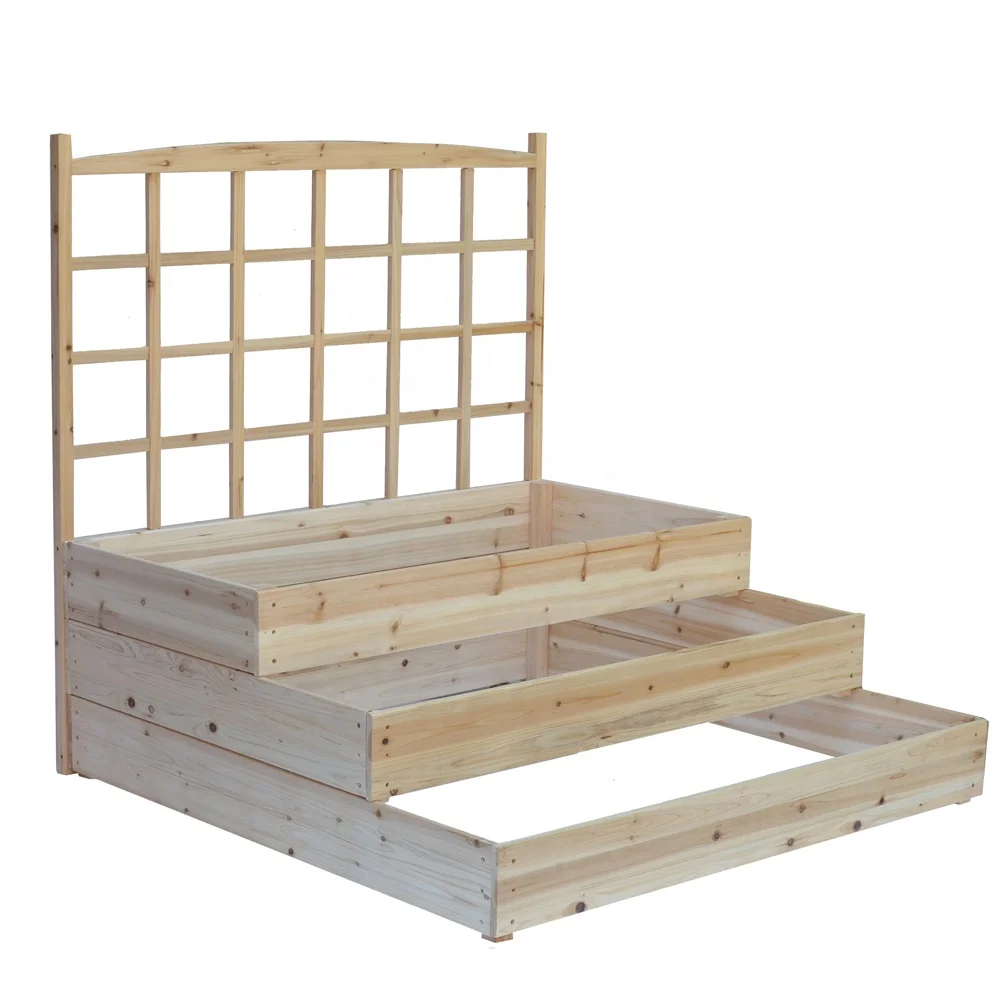 
Three Tier Raised Wooden Garden Beds with Climbing Trellis 