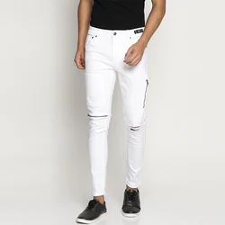 White Denim Zipper Detail Skinny Fit Ripped Stretchy Jeans Casual Pants Mens