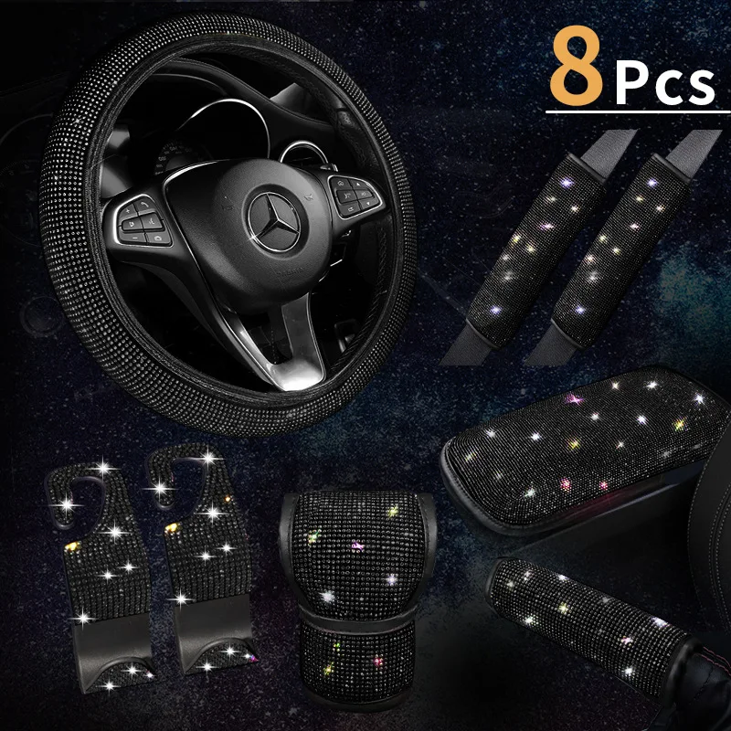 Custom 8pcs Shining luxury bling rhinestone steering wheel cover full setUniversal car steering wheel cover for women diamond