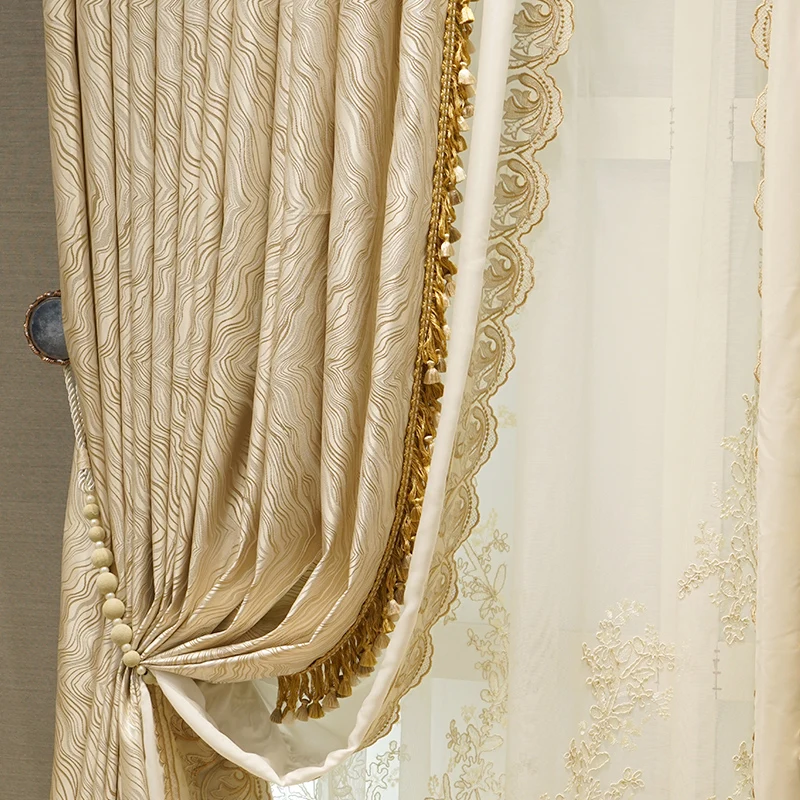 European-style high-end light brown flannel curtains beige embroidered villa shading custom curtains