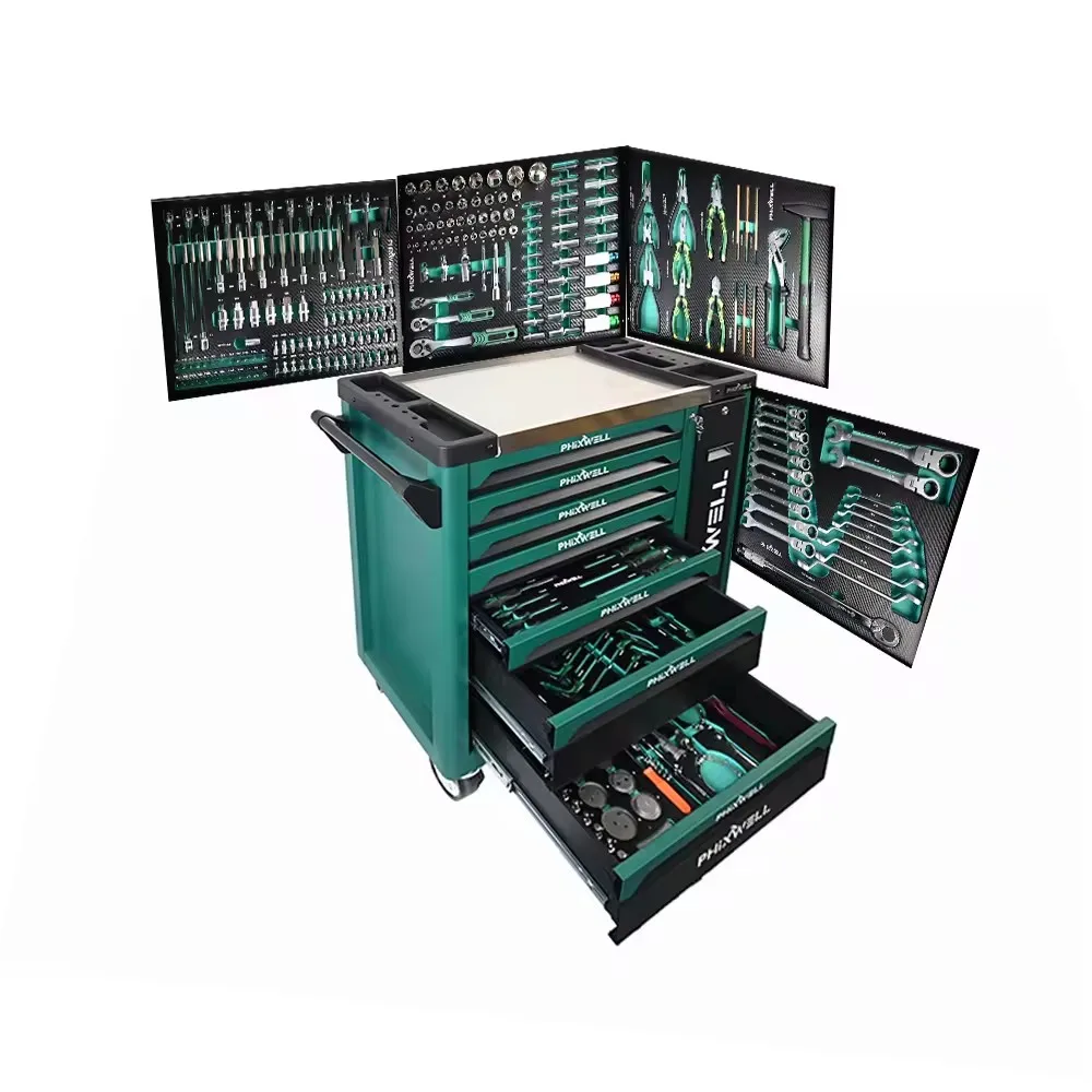 7 drawers with side door 7 trays green color workshop garage tool trolley cart chest cabinet kits box with many kinds of tools