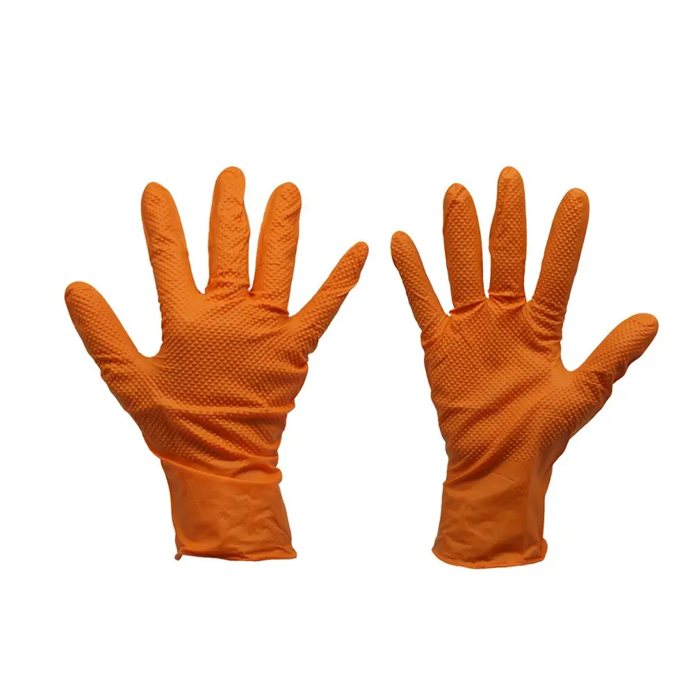 Thick Orange /Green Diamond pattern free powder nitrile  disposable glove with customized packing
