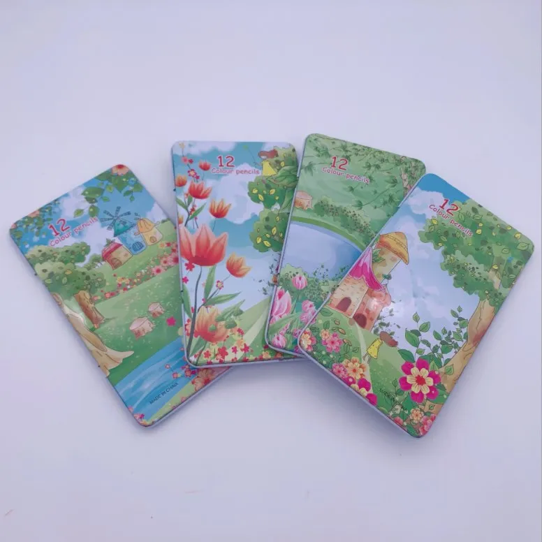High quality 12 color wooden pencil custom color pencil set with metal box coloring pencil for kids gift