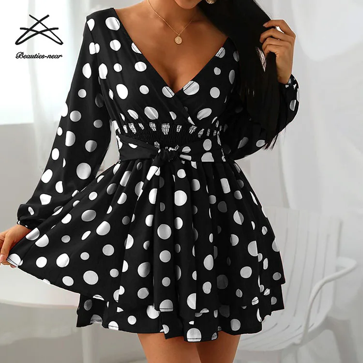 Women V-neck Empire Dress Polka Dot Black Red A Line Spring Long Sleeve Summer Mini Dress For Women