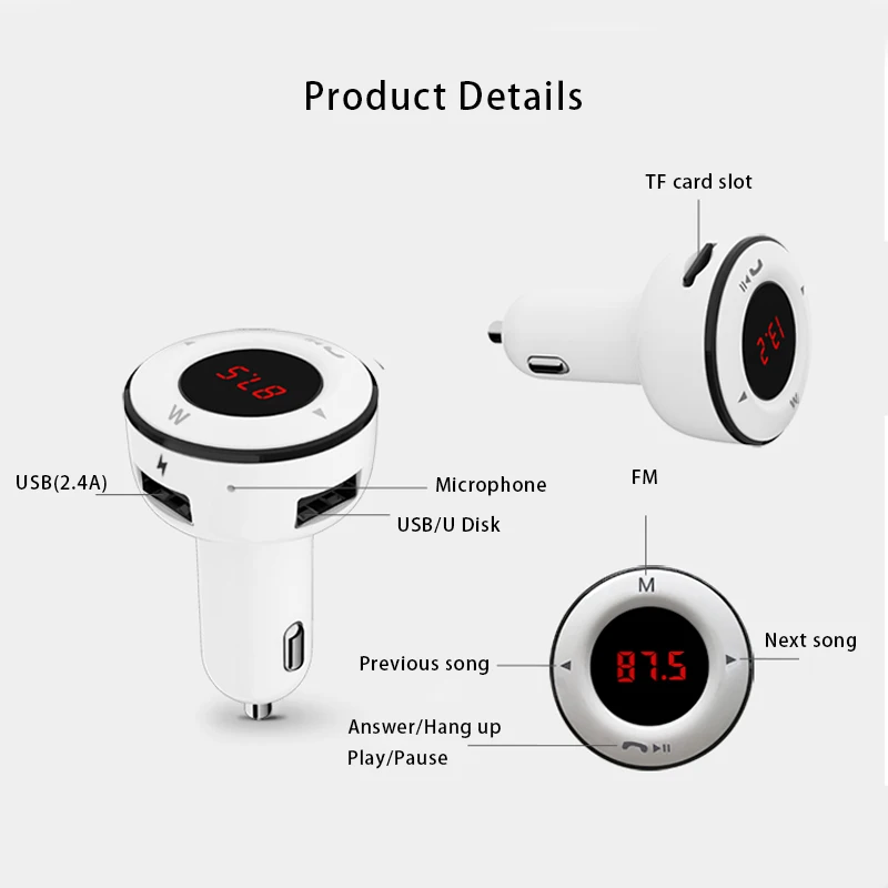 Smart Charger BT Car Hands-free Wireless Kit FM Transmitter Mp3 Player 2.4A Phone Adapter