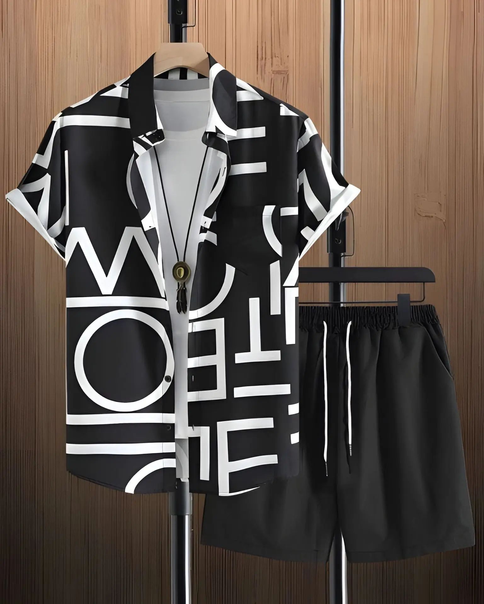 Short sleeve shirt Black and white striped Hawaiian print short sleeve shirt shorts suit for men