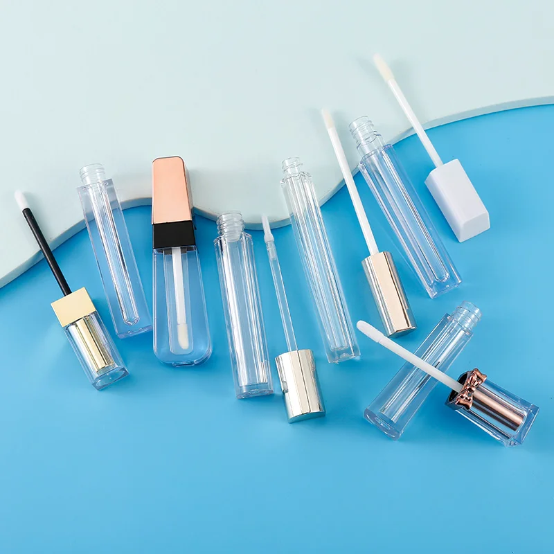 
Hair brush tip lipgloss tubes custom logo 5ml , transparent square lipgloss tubes gold matte 5 ml 