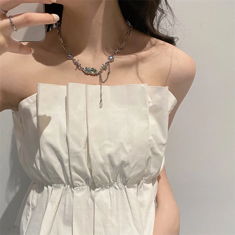 Korean Trendy Designer Sliver Plated Irregular Fold Chain Moonstone Crystal Tassel Necklace Jewelry for Women