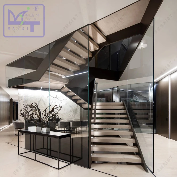 U straight  indoor, glass stairs  made in China-Maist