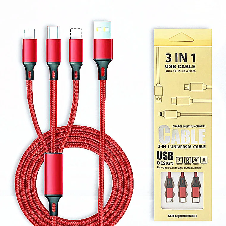 3in1 Usb Charger Cable,3 In 1 Nylon Braided Cable Fast Charge Data Line For Ipone & Micro & Type C Cabel