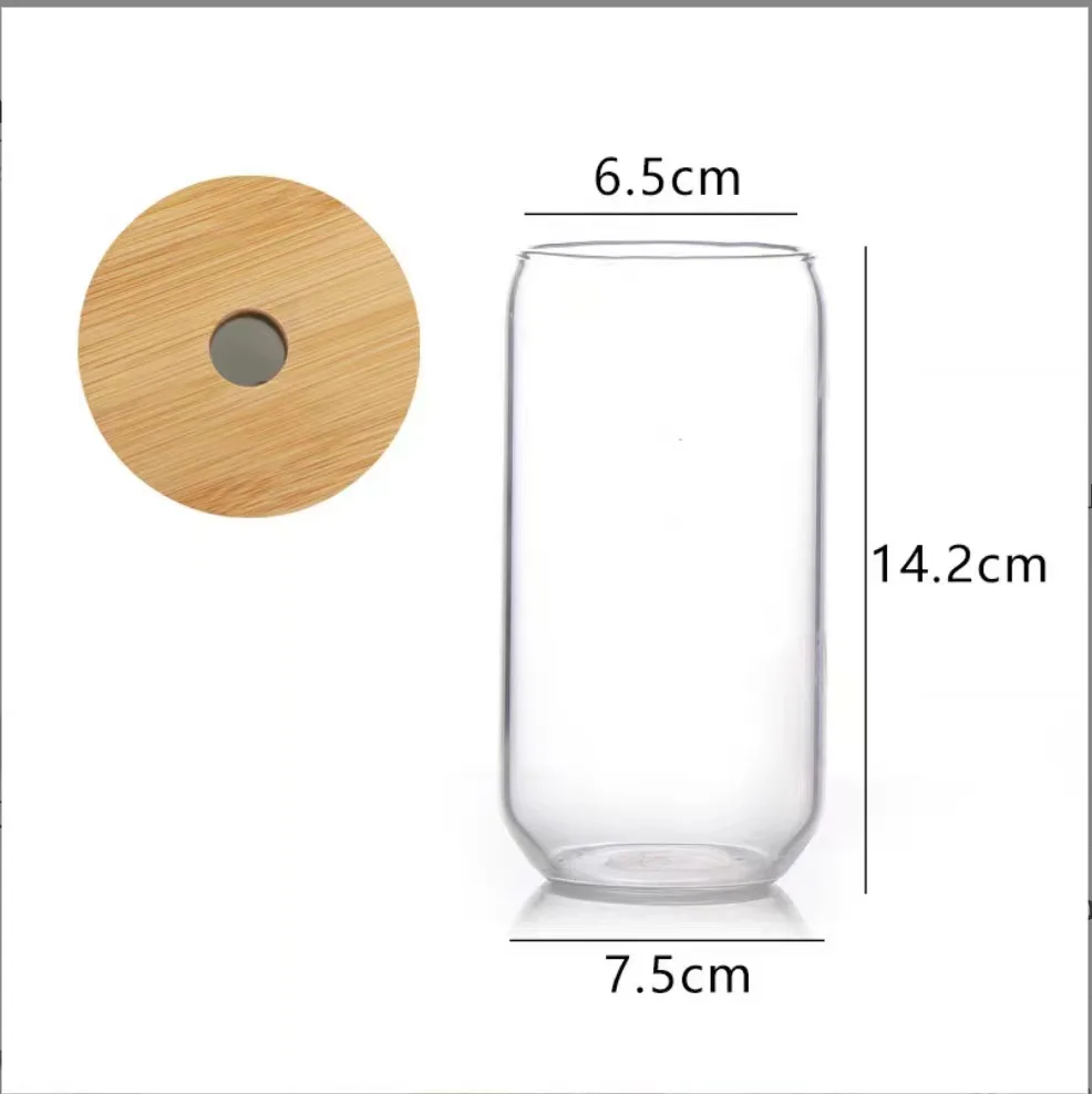 Boba Tea Water Beer Can Shaped Drinking Glasses 12oz 16 oz Glass Cups with Bamboo Lid and Straw