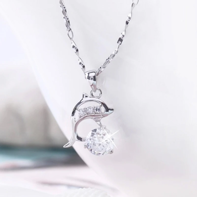 Hot Sale Wholesale Cheap Silver Plated Link Chain Necklace Popular Dolphins Pendant Inlaid Diamond Chain Necklace For Women